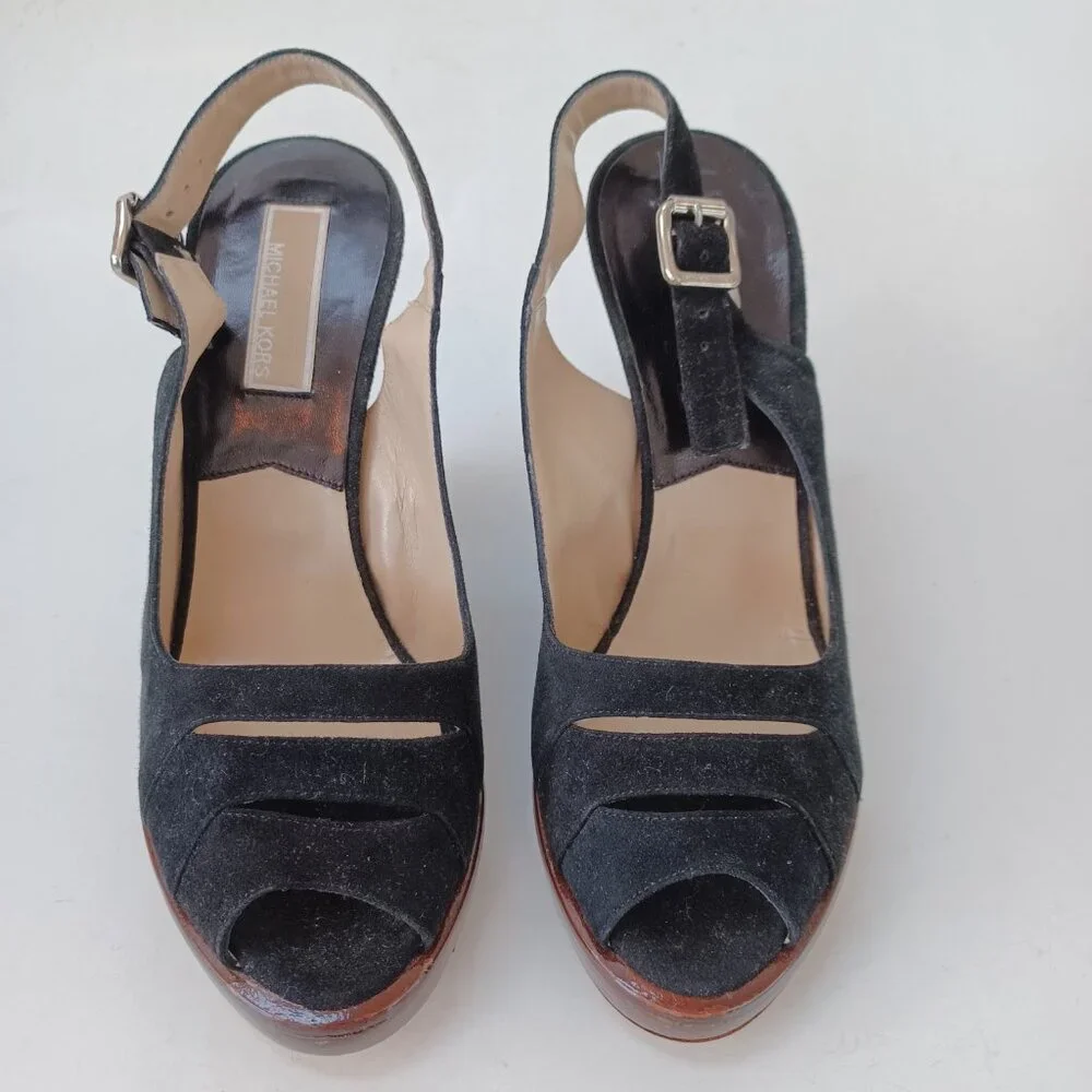 Michael Kors Black Suede Wedge Womens US 7.5 M Heels Retro Look Made‎ In Italy